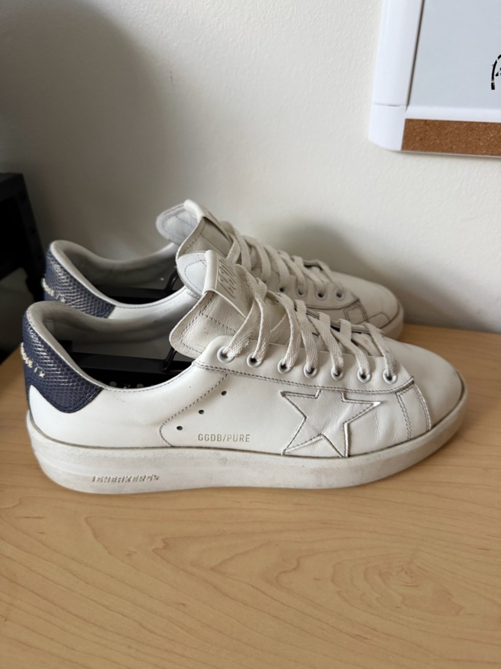 Golden Goose White Leather Sneakers with Navy Heel Tab